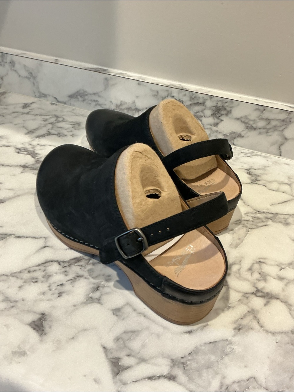 Dansko Black Suede Adjustable Slingback Clogs